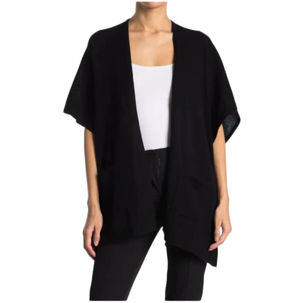 Phenix NWOT 100% Cashmere Jersey Wrap Shawl Cardigan Sweater Black Pockets OS
